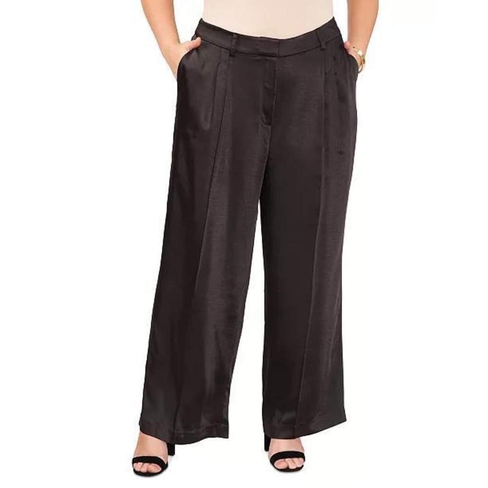 Vince Camuto Plus Size Satin Wide Leg‎ Pleated Pants Silky Black Size 12 NWOT
